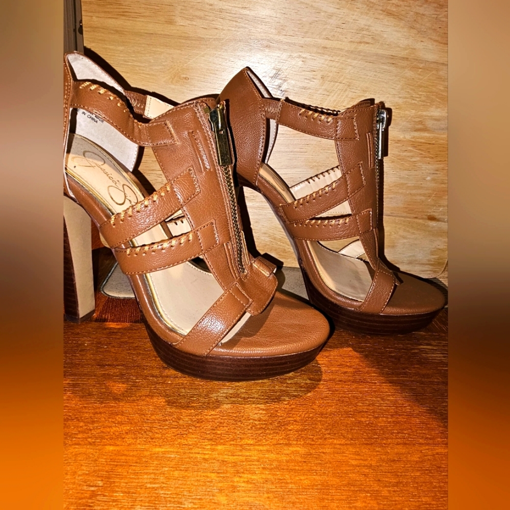 Vintage Y2K Jessica Simpson 4" Wooden Platform Leather Zip-Up Heels size 6